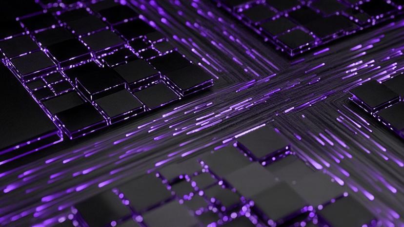 Abstract digital artwork featuring black and purple geometric patterns, with glowing lines and a futuristic design.
