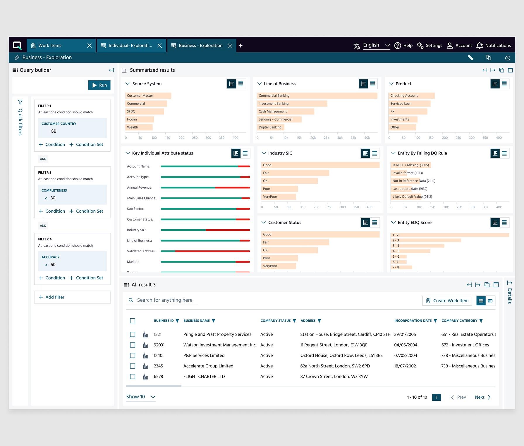 Dashboard interface showing data visualization with charts, tables, and filters for business exploration and analysis.