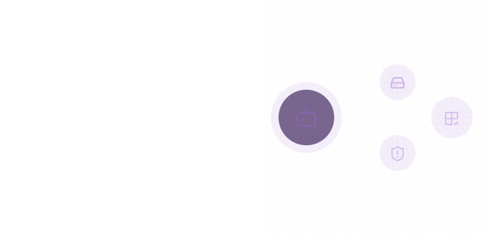 A black background with a central purple circle containing a robot icon, connected to three smaller purple circles on the right.