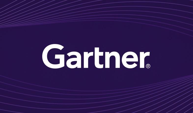 Gartner logo on a dark purple background with curved, thin, light blue lines accentuating the design.