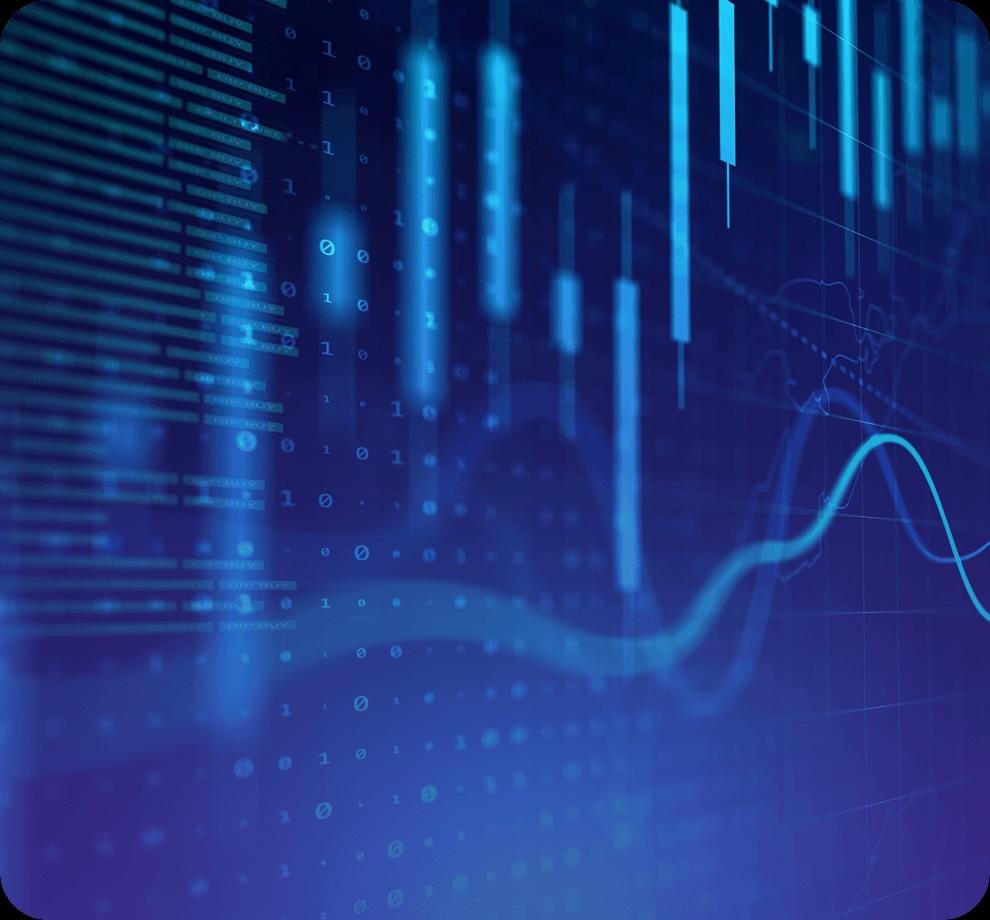 Abstract blue background with digital data, binary code, and fluctuating graph lines, evoking a sense of technology and analytics.